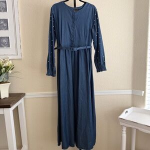 Source Unknown | Dresses | Denim Chambray Maxi Dress Pearl Sleeve Belted  Modest Long Button Down Elegant | Poshmark